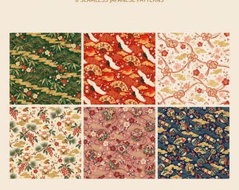 May include: A digital collection titled JAPANESE NEW YEAR FORTUNE 6 SEAMLESS JAPANESE PATTERNS featuring six distinct designs. Patterns include green pine, red cranes, white floral knots, festive plants, pink blossoms with spheres, and blue wave motifs.