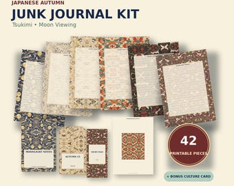 May include: A Japanese Autumn Junk Journal Kit featuring 42 printable pieces and a bonus culture card. The collection includes various patterned papers, tags, and cards with text like Moonlight Notes, Autumn 15, and Night Pass in a digital format.