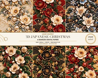 May include: A collection of six seamless digital papers featuring 3D-effect Japanese Christmas themes. The designs display white and red flowers, pine branches, gold ornaments, and traditional patterns. Text includes 3D JAPANESE CHRISTMAS.