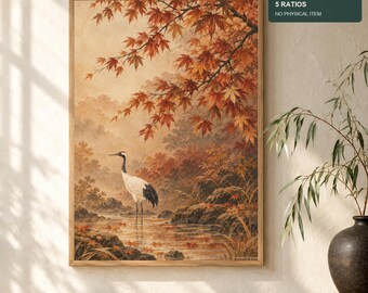 May include: A digital print wall art piece featuring a crane standing in a shallow stream surrounded by rocks and autumn foliage. The scene includes overhanging maple branches with orange and red leaves. Text reads: DIGITAL PRINT 5 RATIOS NO PHYSICAL ITEM.