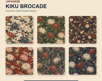 May include: A collection of six digital patterns titled ATELIERMINT JAPANESE KIKU BROCADE. Each square features intricate floral motifs of chrysanthemums in red, white, and blue, combined with traditional Japanese elements like waves and fans.