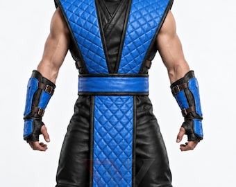 May include: A costume featuring a black and blue quilted vest with a matching blue belt and a long blue quilted tabard. The outfit includes black and blue forearm guards with brown leather straps and buckles, worn over black pants.