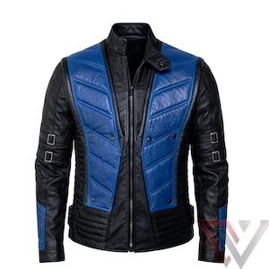 May include: A black and blue leather jacket featuring a stand-up collar, a central zipper closure, and quilted panels on the chest. The sleeves include adjustable buckle straps, and the waist area has horizontal stitching and side buckles.