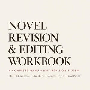 Può includere: Una pagina di quaderno color crema intitolata 01 PROJECT OVERVIEW. Il testo recita NOVEL REVISION & EDITING WORKBOOK, A COMPLETE MANUSCRIPT REVISION SYSTEM, ed elenca Plot, Characters, Structure, Scenes, Style, Final Proof. Il piè di pagina riporta PAPERBOUND STUDIO.
