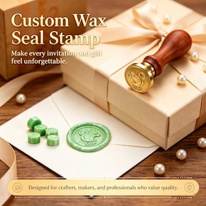 May include: A custom wax seal stamp with a wooden handle and a brass head featuring a squirrel design. The set includes a light green wax seal on an envelope, small green wax beads, and a gift box tied with a cream ribbon and pearl accents.