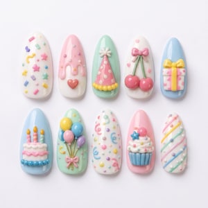 May include: A set of ten almond-shaped press-on nails featuring 3D birthday-themed designs. Decorations include colorful sprinkles, a pink party hat, cherries, a gift box, a birthday cake with candles, balloons, confetti, a cupcake, and stripes.