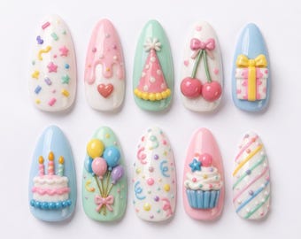 Pastel Birthday Party Press On Nails｜3D Cake Balloon Cupcake Nail Art｜Cherry Bow Confetti Design｜Cute Kawaii Manicure｜Handmade Reusable Set