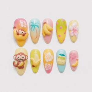 Sunny Tropical Press On Nails｜Cute Fruit Monkey Summer Theme｜3D Handmade Nail Art｜Reusable False Nails For Vacation Beach Style Today