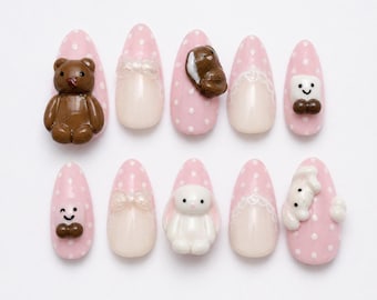 Pink Teddy Bunny Press On Nails｜3D Polka Dot Bow Nail Art｜Cute Kawaii Animal Design｜Pastel Character Nails｜Handmade Reusable Nail Set