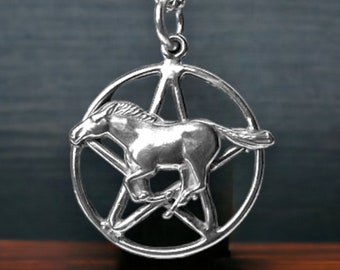 Sterling Silver Horse Pentacle Pendant Neckace - Solid .925 Silver Pentagram Necklace with Running Horse Pagan Warrior Spirit Wiccan Totem