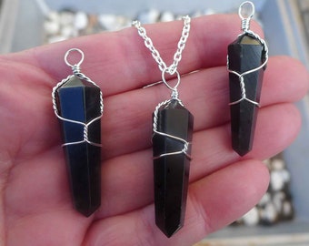 Black Obsidian Pendant Wire Wrapped Black Obsidian Wand Necklace Dragon Glass