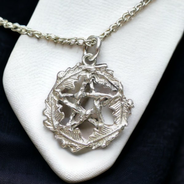 Sterling Silver Woodland Pentacle Pendant Druid Pentagram of Oak Leaves Necklace, Solid .925 Silver Druid Jewelry