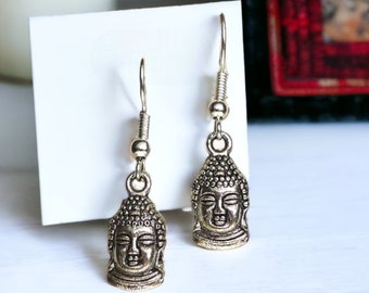 Buddha Earrings, Everyday Silver Buddhist Jewelry - Dangling Double Sided Buddha Head Earrings