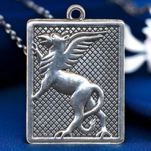 Gryphon Necklace, Large Silver Griffin Necklace, Fantasy Rampant Gryphon Badge Pendant on Chain, Mythology Jewelry, Gryphon Amulet