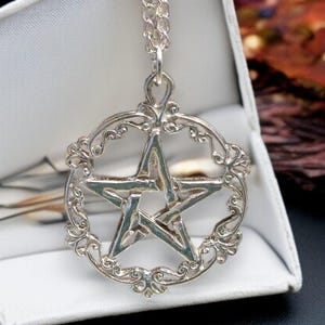 Sterling Silver Victorian Pentacle Pendant Wiccan Gothic Pentagram Necklace Solid .925 Pagan Jewelry