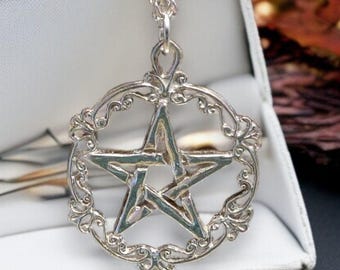 Sterling Silver Victorian Pentacle Pendant Wiccan Gothic Pentagram Necklace Solid .925 Pagan Jewelry