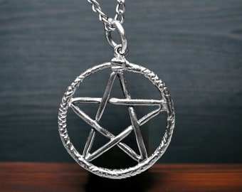 Sterling Silver Ouroboros Pentacle Necklace Pendant Pentagram with Snake Surround Witchcraft Jewellery