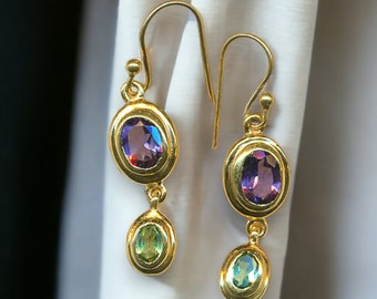 Amethyst and Peridot Earrings, 22k Gold Vermeil with Faceted Amethyst and Peridot Gemstones, Dangle Earrings