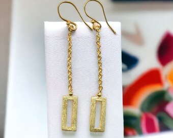 Gold Geometric Dangle Earrings, 22k Gold Vermeil Long Earrings with Brushed Finish, Modernist Minimalist Style Precious Metal