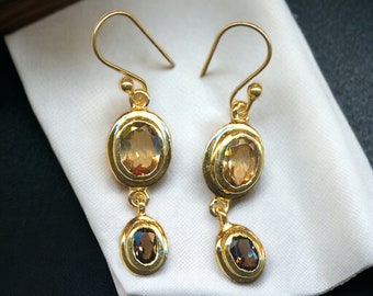 Gold Topaz and Citrine Earrings, Faceted Citrine and Brown Topaz Earrings, Genuine Gemstone Dangle 22k Vermeil Earrings