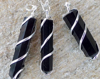 Black Obsidian Pendant Necklace, Silver Spiral Wrapped Black Obsidian Wand Necklace Pendant, Dragon Glass