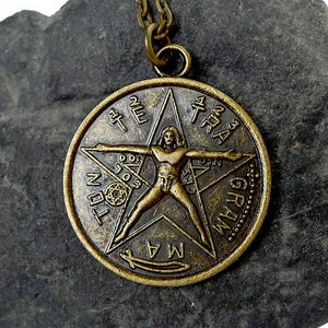 Bronze Tetragrammaton Pendant Necklace, Tetragrammaton with Vitruvian Man Necklace, Double Sided Esoteric Pentagram Jewelry image 3