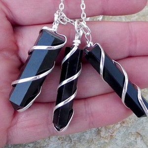 Black Obsidian Pendant Necklace, Silver Spiral Wrapped Black Obsidian Wand Necklace Pendant, Dragon Glass image 2