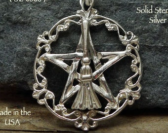 Sterling Silver Broom Pentacle Pendant Necklace Solid .925 Silver Pagan Necklace Witch's Besom Pentagram Necklace Witch Broom Jewelry