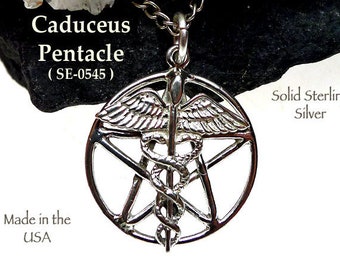 Caduceus Pentacle Pendant / Solid 925 Sterling Silver Pagan Healers Pentagram Necklace / Wiccan Medic Jewelry, Nurse Doctor Green Witch