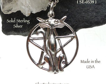 Cat Pentacle Pendant .925 Sterling Silver Cat Pentagram Necklace Pagan Wiccan Cat Lover Gift Discrete Hidden Jewelry
