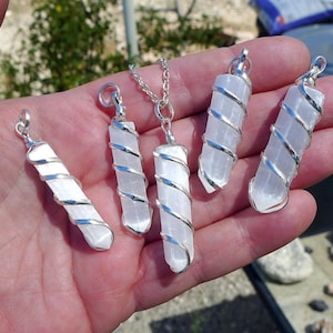 Selenite Pendant Silver Spiral Wire Wrapped Selenite Necklace Wand Stone of Aura Cleansing, Positivity, Protection