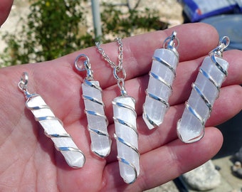 Selenite Pendant: Silver Spiral Wire Wrapped Necklace, Aura Cleansing Stone