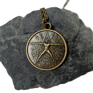Bronze Tetragrammaton Pendant Necklace, Tetragrammaton with Vitruvian Man Necklace, Double Sided Esoteric Pentagram Jewelry image 9