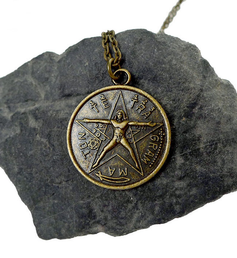 Bronze Tetragrammaton Pendant Necklace, Tetragrammaton with Vitruvian Man Necklace, Double Sided Esoteric Pentagram Jewelry image 9