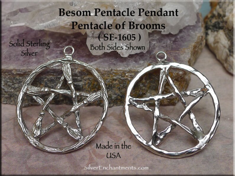 Sterling Silver Besom Pentagram Necklace Broom Pentagram Wiccan-Pagan Jewelry Large Broom Pentacle Pendant Necklace