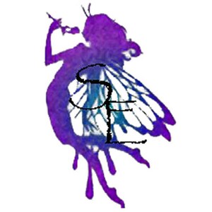 May include: A purple and blue watercolor illustration of a fairy with wings. The fairy is holding a microphone and has the letters "SF" written on her wings.