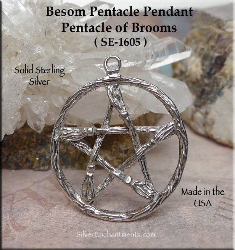 Sterling Silver Besom Pentagram Necklace Broom Pentagram Wiccan-Pagan Jewelry Large Broom Pentacle Pendant Necklace