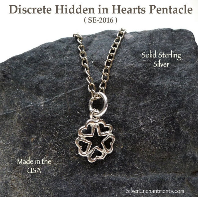 Sterling Silver Pentacle Charm .925 Hidden in Hearts Pentacle Necklace, Small Pentagram Handmade Witchcraft Jewelry image 1