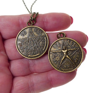 Bronze Tetragrammaton Pendant Necklace, Tetragrammaton with Vitruvian Man Necklace, Double Sided Esoteric Pentagram Jewelry image 2