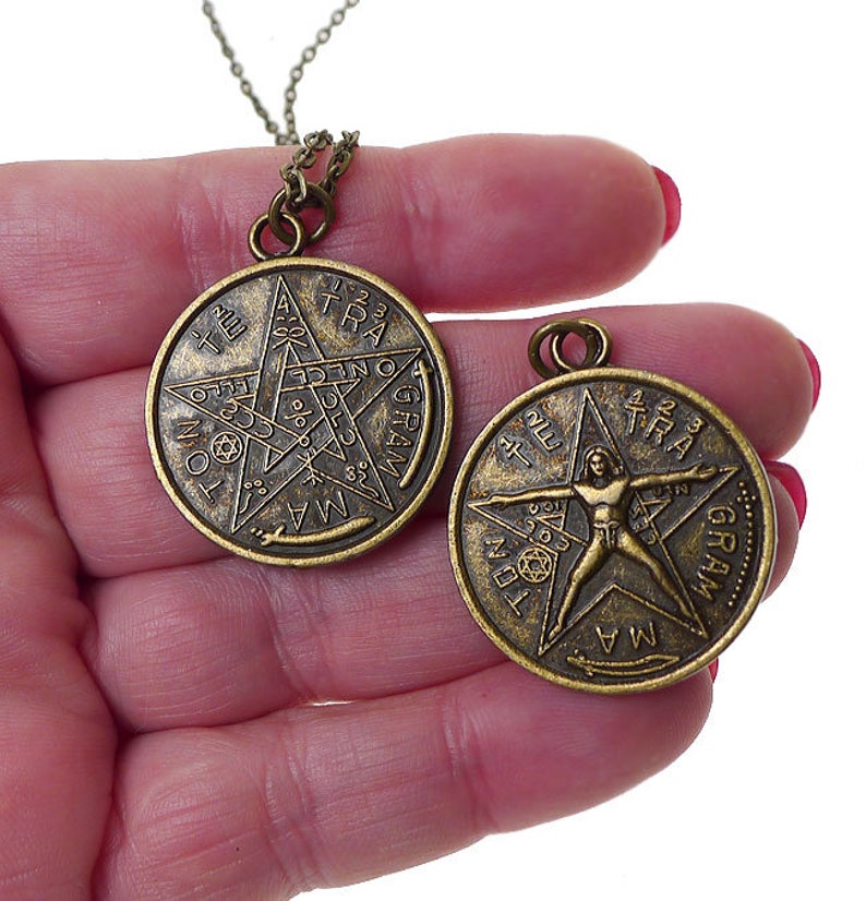 Bronze Tetragrammaton Pendant Necklace, Tetragrammaton with Vitruvian Man Necklace, Double Sided Esoteric Pentagram Jewelry image 2