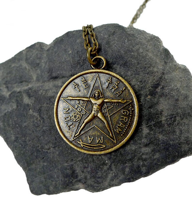 Bronze Tetragrammaton Pendant Necklace, Tetragrammaton with Vitruvian Man Necklace, Double Sided Esoteric Pentagram Jewelry image 3