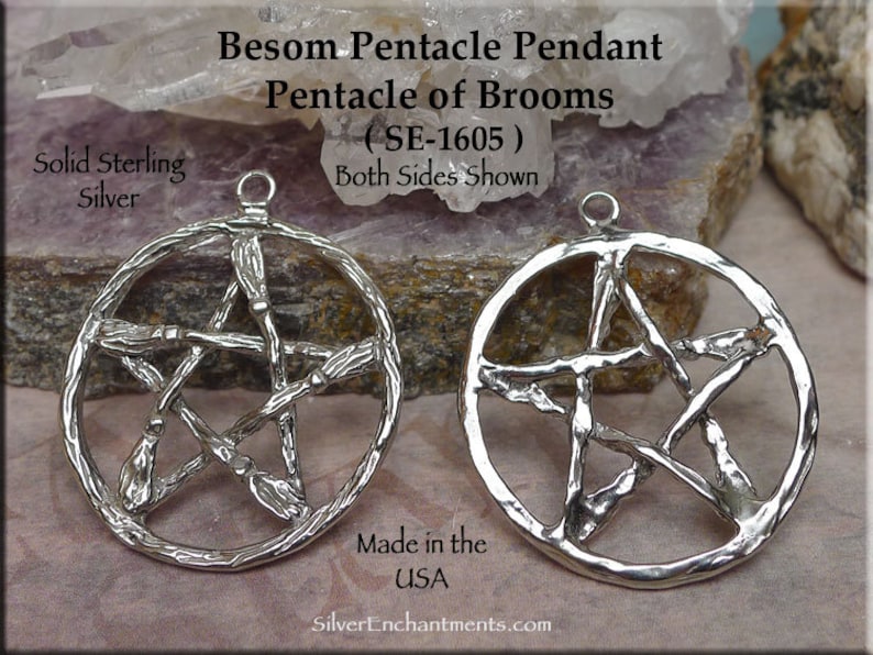 Sterling Silver Besom Pentagram Necklace Broom Pentagram Wiccan-Pagan Jewelry Large Broom Pentacle Pendant Necklace