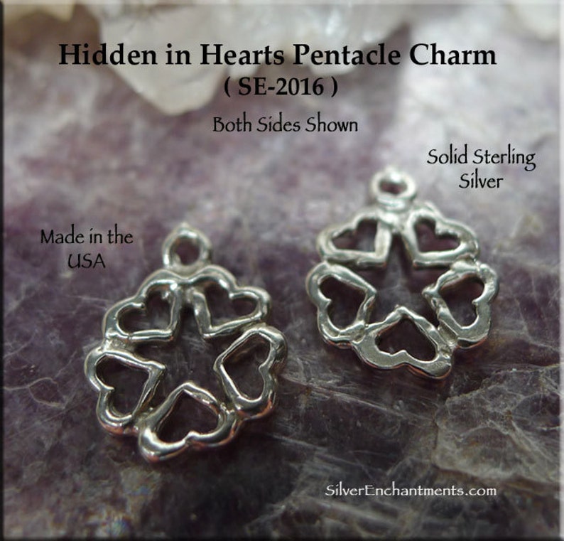 Sterling Silver Pentacle Charm .925 Hidden in Hearts Pentacle Necklace, Small Pentagram Handmade Witchcraft Jewelry image 9