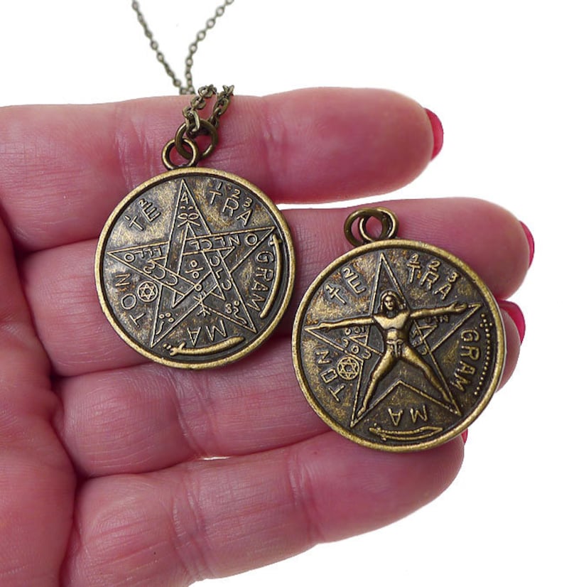 Bronze Tetragrammaton Pendant Necklace, Tetragrammaton with Vitruvian Man Necklace, Double Sided Esoteric Pentagram Jewelry image 6