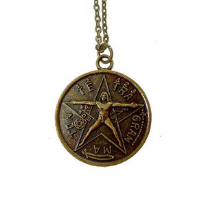 Bronze Tetragrammaton Pendant Necklace, Tetragrammaton with Vitruvian Man Necklace, Double Sided Esoteric Pentagram Jewelry image 8