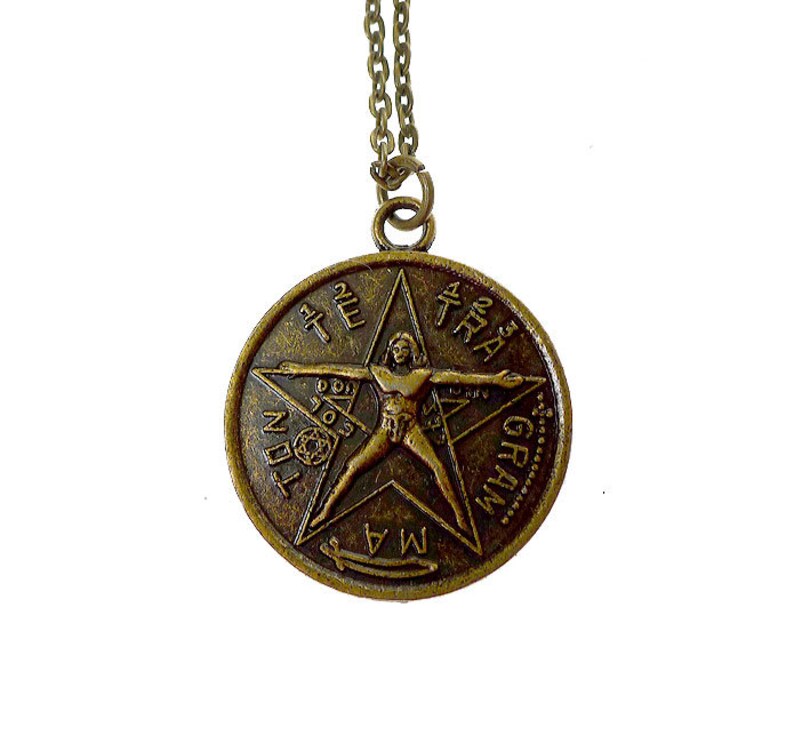 Bronze Tetragrammaton Pendant Necklace, Tetragrammaton with Vitruvian Man Necklace, Double Sided Esoteric Pentagram Jewelry image 8