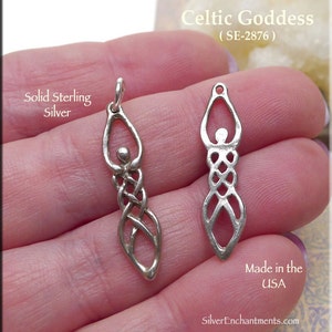 May include: A silver Celtic Goddess pendant charm with intricate knotwork design. The pendant is made of solid sterling silver and is made in the USA. The pendant is shown on a hand.