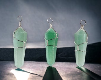 Aventurine Pendant - Wire Wrapped Green Aventurine Necklace - Polished Crystal Wand Jewelry