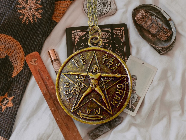 Bronze Tetragrammaton Pendant Necklace, Tetragrammaton with Vitruvian Man Necklace, Double Sided Esoteric Pentagram Jewelry image 1