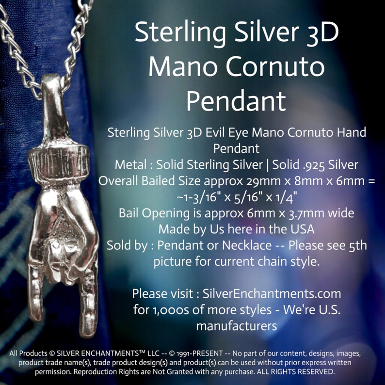 Sterling Silver Mano Cornuto Pendant, 3D .925 Italian Hand Neapolitan Necklace Witchcraft Talisman, Pagan Jewelry, Stregheria Strega image 3